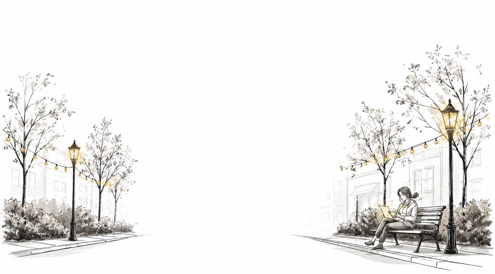 Watercolor sidewalk scene with trees, lanterns, and a woman reviewing papers on a bench.