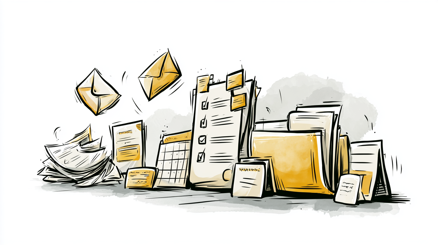 Illustration of organized paperwork, folders, and a checklist.