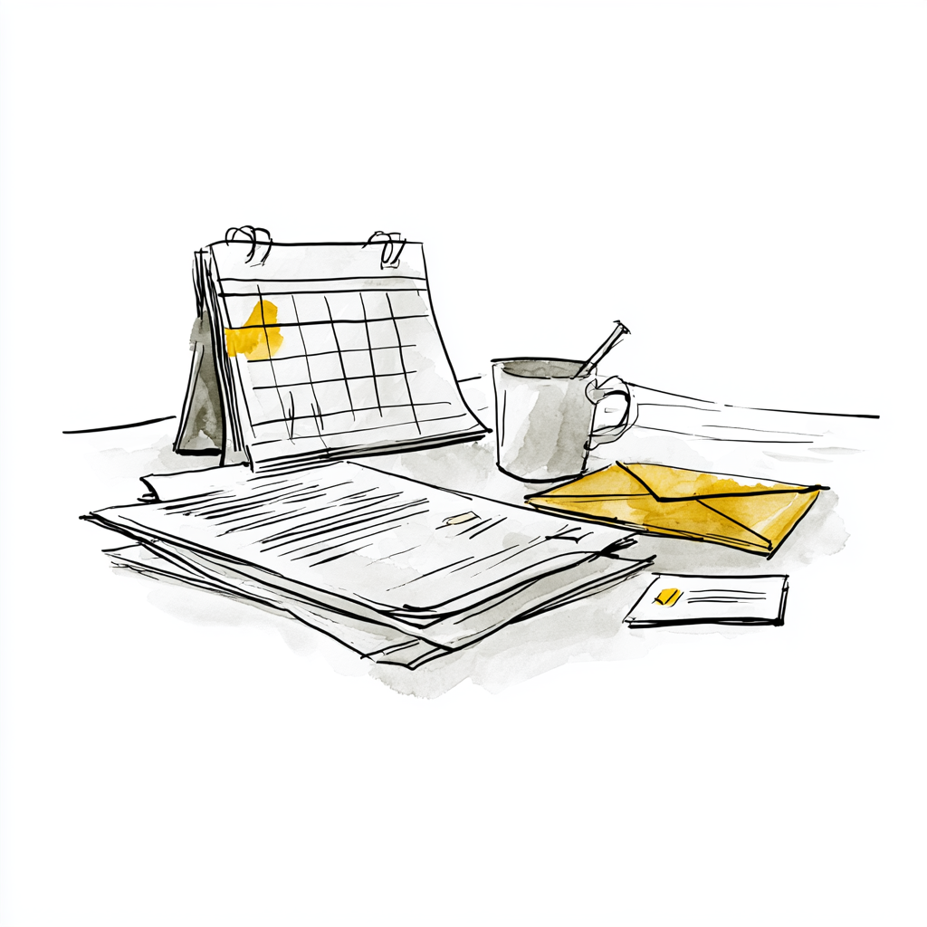 Illustration of renewal paperwork and a checked calendar.
